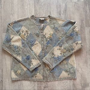Button Down Wool Silk Floral Embroidered Sweater